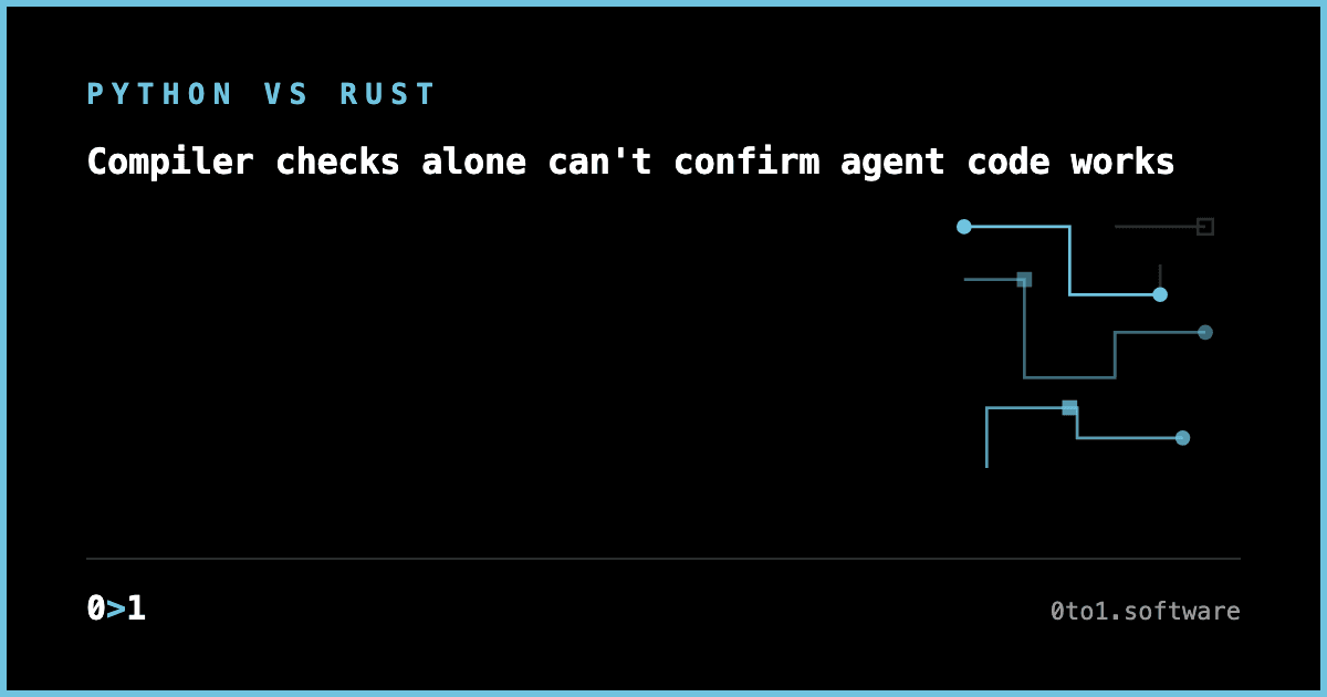 Minimal text card reading 'Compiler checks alone can't confirm agent code works,' with kicker 'PYTHON VS RUST.'